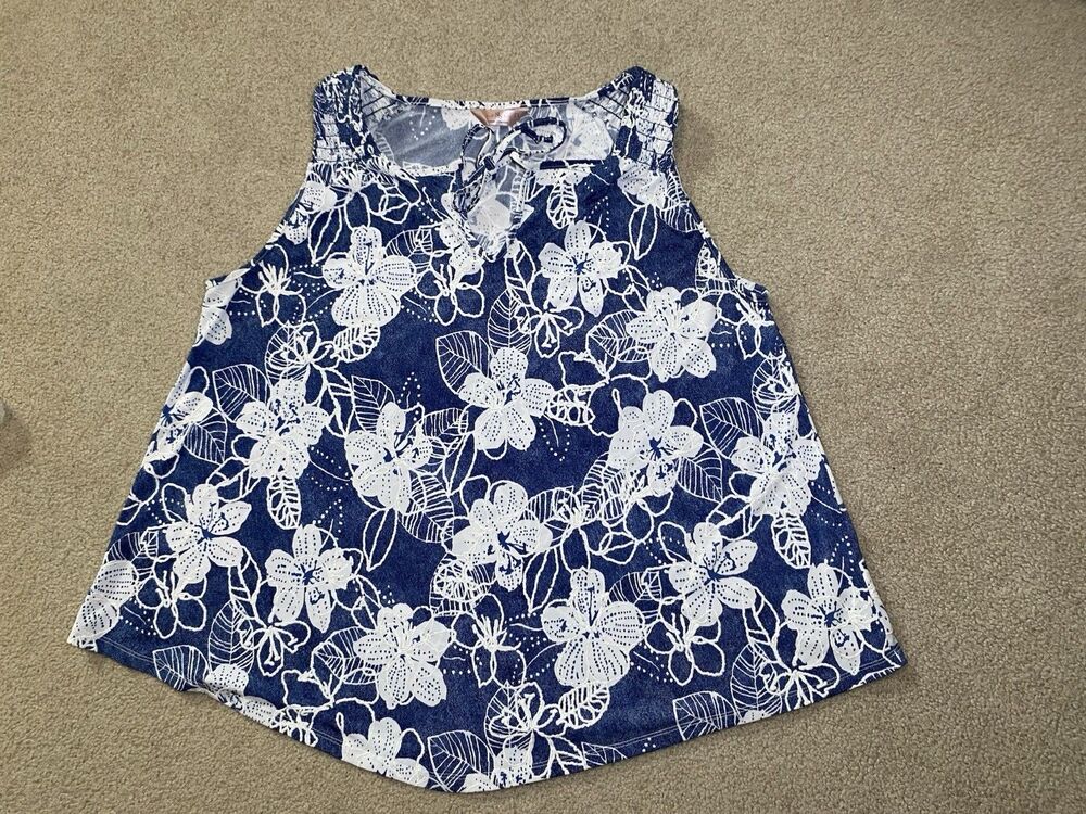 SJS Blue White Floral Smocked Keyhole Sleeveless Blouse 2X